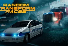 Promotional artwork for GTA Online Random Transform Races showing a white sedan driving through smoke with a red truck behind it.