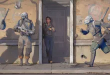 Half-Life: Alyx characters standing outside a doorway while armored enemies move through the street