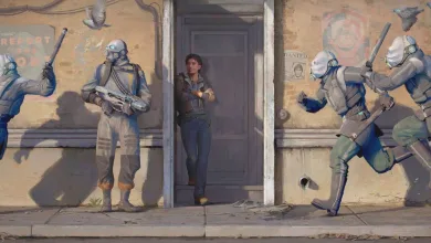 Half-Life: Alyx characters standing outside a doorway while armored enemies move through the street