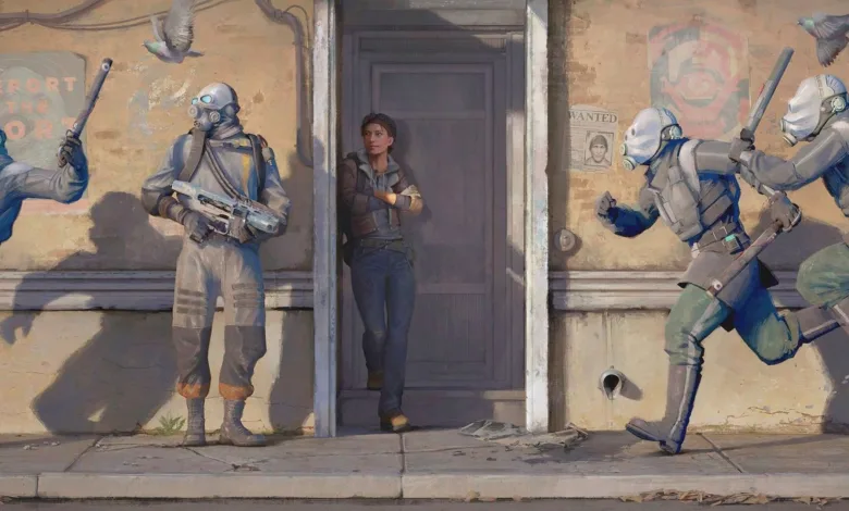 Half-Life: Alyx characters standing outside a doorway while armored enemies move through the street