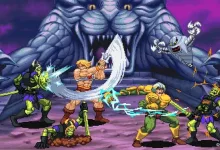 Pixel-art He-Man and allies battle green-armored enemies beneath a giant creature.