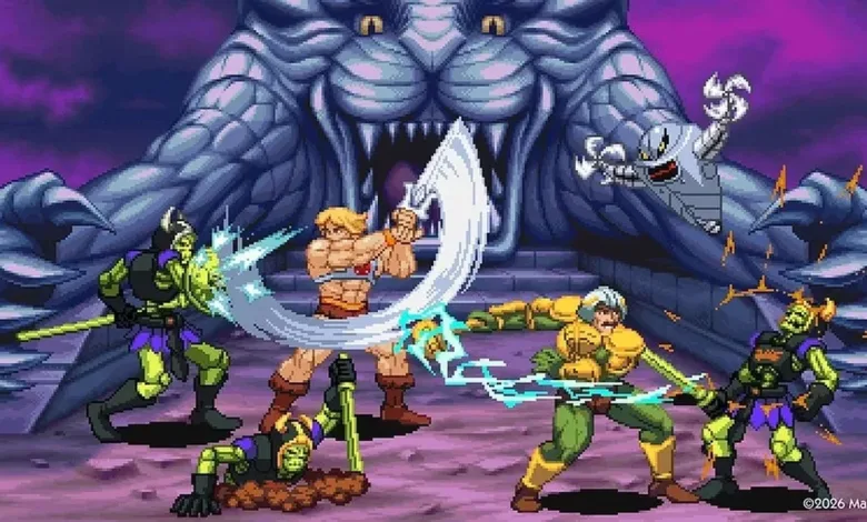 Pixel-art He-Man and allies battle green-armored enemies beneath a giant creature.