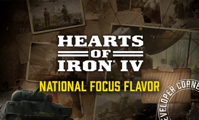 Hearts of Iron IV title artwork with a tank and the words National Focus Flavor