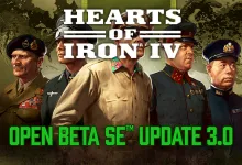 Hearts of Iron IV Open Beta SE Update 3.0 artwork showing four military leaders over a world map