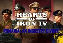 Hearts of Iron IV artwork showing four military figures and a tank beneath the text Romania: An Industry Divided