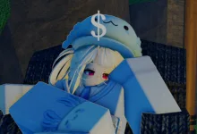 A Roblox-style Heavyweight Fishing character wearing a blue fish hat in a blocky cave-like setting