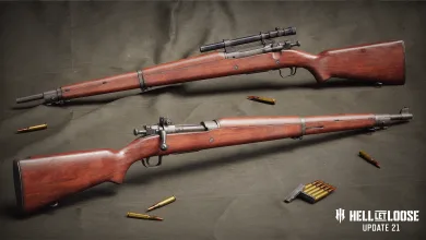 Two Springfield rifles displayed with ammunition in Hell Let Loose