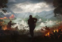 Soldiers advance through a burning riverside battlefield in Hell Let Loose: Vietnam.