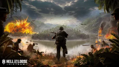 A soldier stands beside a river as explosions and aircraft fill the battlefield in Hell Let Loose: Vietnam.