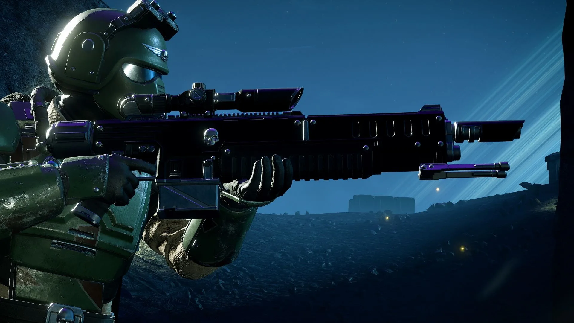 Helldiver aiming the R/40-K Hot-Shot Marksman Rifle