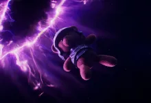 A teddy bear dressed as a Helldiver drifts through space toward a bright purple rift