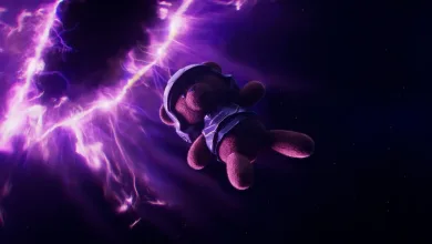 A teddy bear dressed as a Helldiver drifts through space toward a bright purple rift