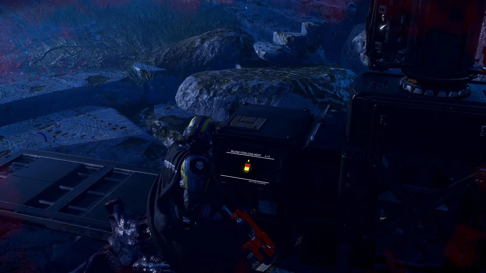 Helldiver working beside equipment in the Void