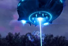 A glowing blue spacecraft hovers above a forest in Helldivers 2.