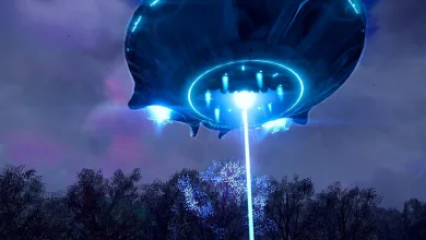 A glowing blue spacecraft hovers above a forest in Helldivers 2.