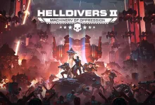 Official Helldivers 2 artwork showing armored divers battling through a fiery war zone beneath the Machinery of Oppression title