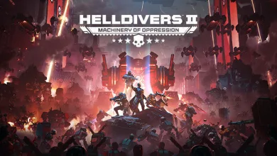 Official Helldivers 2 artwork showing armored divers battling through a fiery war zone beneath the Machinery of Oppression title