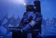 A SEAF trooper stands armed in a blue alien-infested environment in Helldivers 2.