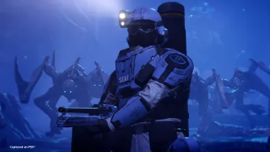 A SEAF trooper stands armed in a blue alien-infested environment in Helldivers 2.