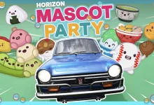 A blue Honda N600 surrounded by colorful Horizon mascots under the words Horizon Mascot Party