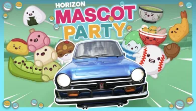 A blue Honda N600 surrounded by colorful Horizon mascots under the words Horizon Mascot Party