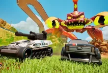 Hot Wheels: Infinite Rush gameplay showing two vehicles and an oversized track beneath a giant orange creature