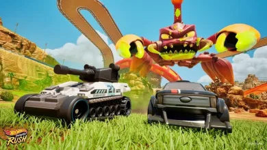 Hot Wheels: Infinite Rush gameplay showing two vehicles and an oversized track beneath a giant orange creature