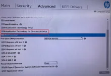 HP BIOS setup screen showing Virtualization Technology for Directed I/O (VT-d) and DMA Protection settings