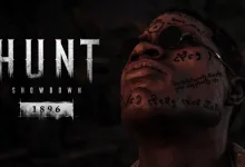 Dark Hunt: Showdown 1896 teaser artwork showing a tattooed figure wearing goggles beside the game logo.