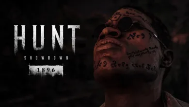 Dark Hunt: Showdown 1896 teaser artwork showing a tattooed figure wearing goggles beside the game logo.