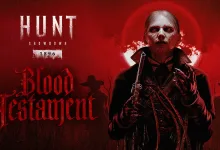 Blood Testament artwork for Hunt: Showdown 1896 showing a pale figure in a dark coat against a red blood moon, with the event title visible.