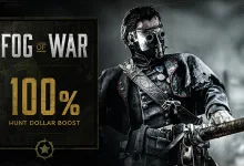 Hunt: Showdown 1896 Hunter holding a weapon beside text reading Fog of War and 100% Hunt Dollar Boost