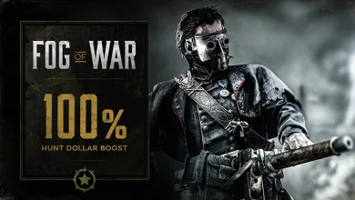 Hunt: Showdown 1896 Hunter holding a weapon beside text reading Fog of War and 100% Hunt Dollar Boost
