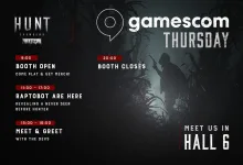 Official Hunt: Showdown 1896 Gamescom Thursday graphic listing booth hours, a Raptobot appearance with a Hunter reveal, and a developer meet-and-greet in Hall 6.