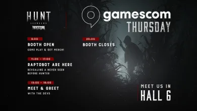 Official Hunt: Showdown 1896 Gamescom Thursday graphic listing booth hours, a Raptobot appearance with a Hunter reveal, and a developer meet-and-greet in Hall 6.