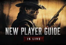 Hunt: Showdown 1896 hunter holding a rifle beside text reading New Player Guide Is Live