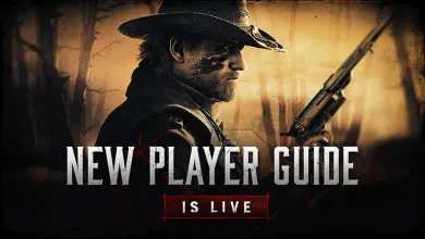 Hunt: Showdown 1896 hunter holding a rifle beside text reading New Player Guide Is Live
