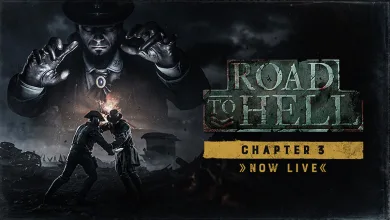 Hunt: Showdown 1896 artwork showing a dark figure looming over two hunters beside text reading Road to Hell Chapter 3 Now Live