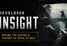 Hunt: Showdown 1896 hunters and a firearm in a dark scene beneath text reading Developer Insight: Behind the Design and History of Road to Hell