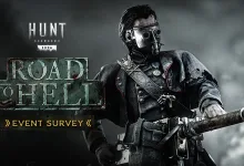Hunt: Showdown 1896 character in a gas mask holding a weapon beside Road to Hell Event Survey artwork