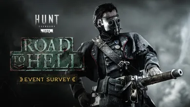 Hunt: Showdown 1896 character in a gas mask holding a weapon beside Road to Hell Event Survey artwork