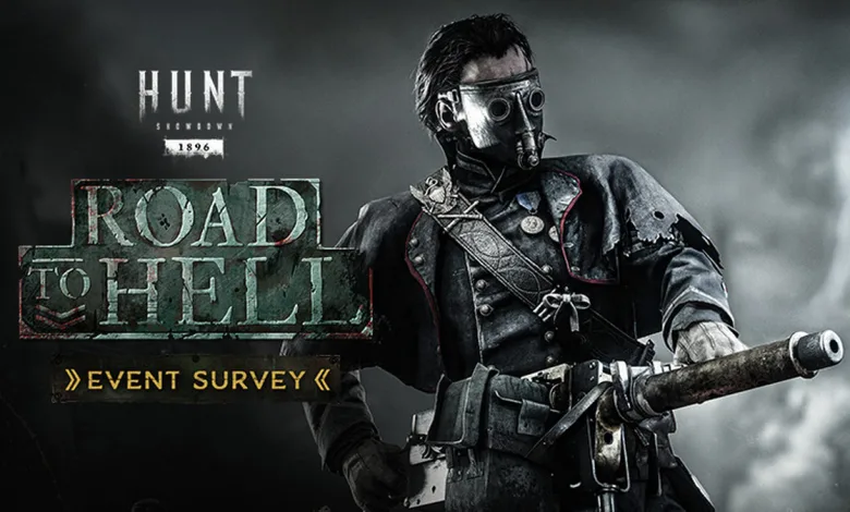 Hunt: Showdown 1896 character in a gas mask holding a weapon beside Road to Hell Event Survey artwork