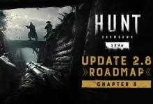 Hunt: Showdown 1896 hunters in a dark battlefield beside text reading Update 2.8 Roadmap Chapter 3