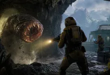 Armored survivors confront a large cave worm inside an alien cavern near a constructed outpost in ICARUS.