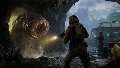 Armored survivors confront a large cave worm inside an alien cavern near a constructed outpost in ICARUS.