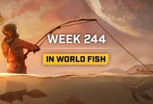 An Icarus prospector fishes in an alien body of water while fish swim below the surface; the image reads Week 244 In World Fish.