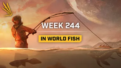 An Icarus prospector fishes in an alien body of water while fish swim below the surface; the image reads Week 244 In World Fish.