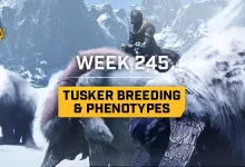 An armored prospector rides a shaggy Tusker through a snowy Icarus mountain landscape beneath text reading Week 245 Tusker Breeding & Phenotypes.