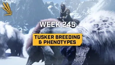 An armored prospector rides a shaggy Tusker through a snowy Icarus mountain landscape beneath text reading Week 245 Tusker Breeding & Phenotypes.