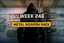 A wall-mounted metal weapon rack displays several weapons in Icarus, beneath text reading Week 246 Metal Weapon Rack.